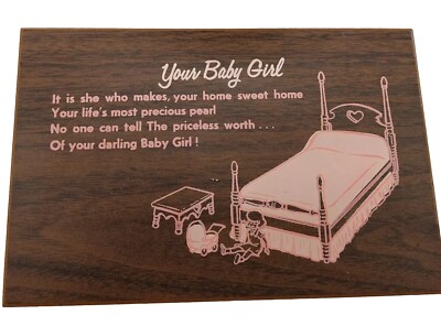 Wooden Plaque ''Your Baby Girl'' Pink Bed Toy Graphic Vintage Wall Decor Nursery 