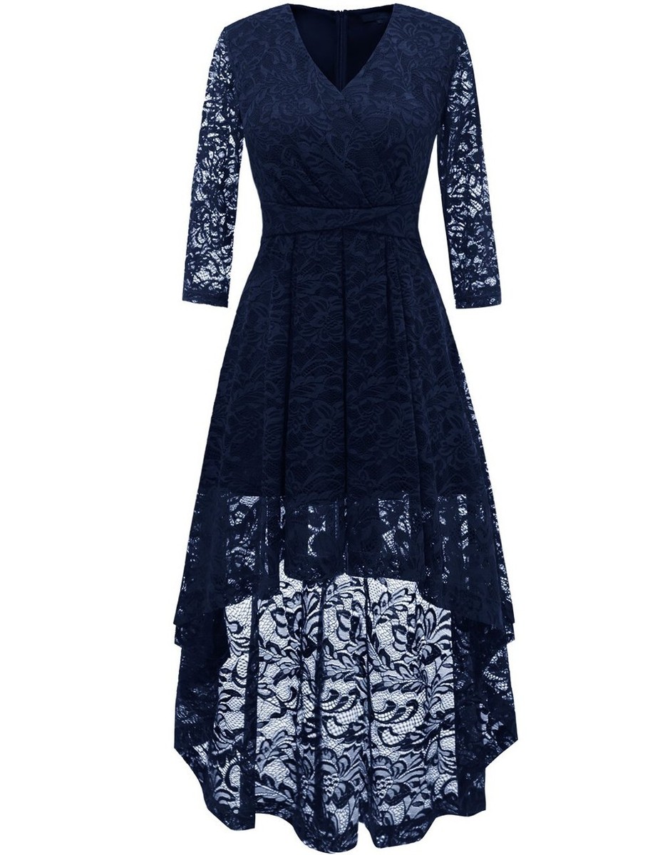 navy blue lace high low dress Unique Navy Blue Satin and Lace High-low Prom Dress