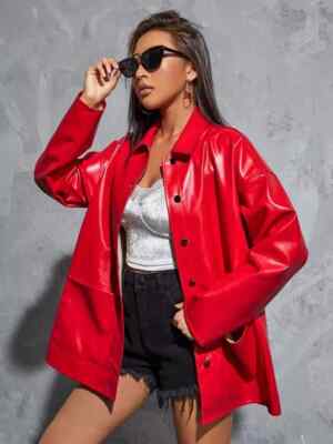 Casual Formal Soft Stylish Genuine Handmade Lambskin Leather Women Red Shirt