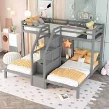 Twin over Twin Bunk Bed with Built-in Staircase & Storage Drawer for 3 Kids
