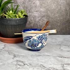 Japanese Waves Blue BeigeCeramic Rice Ramen Noodle Bowl W/chopsticks &spoon gift