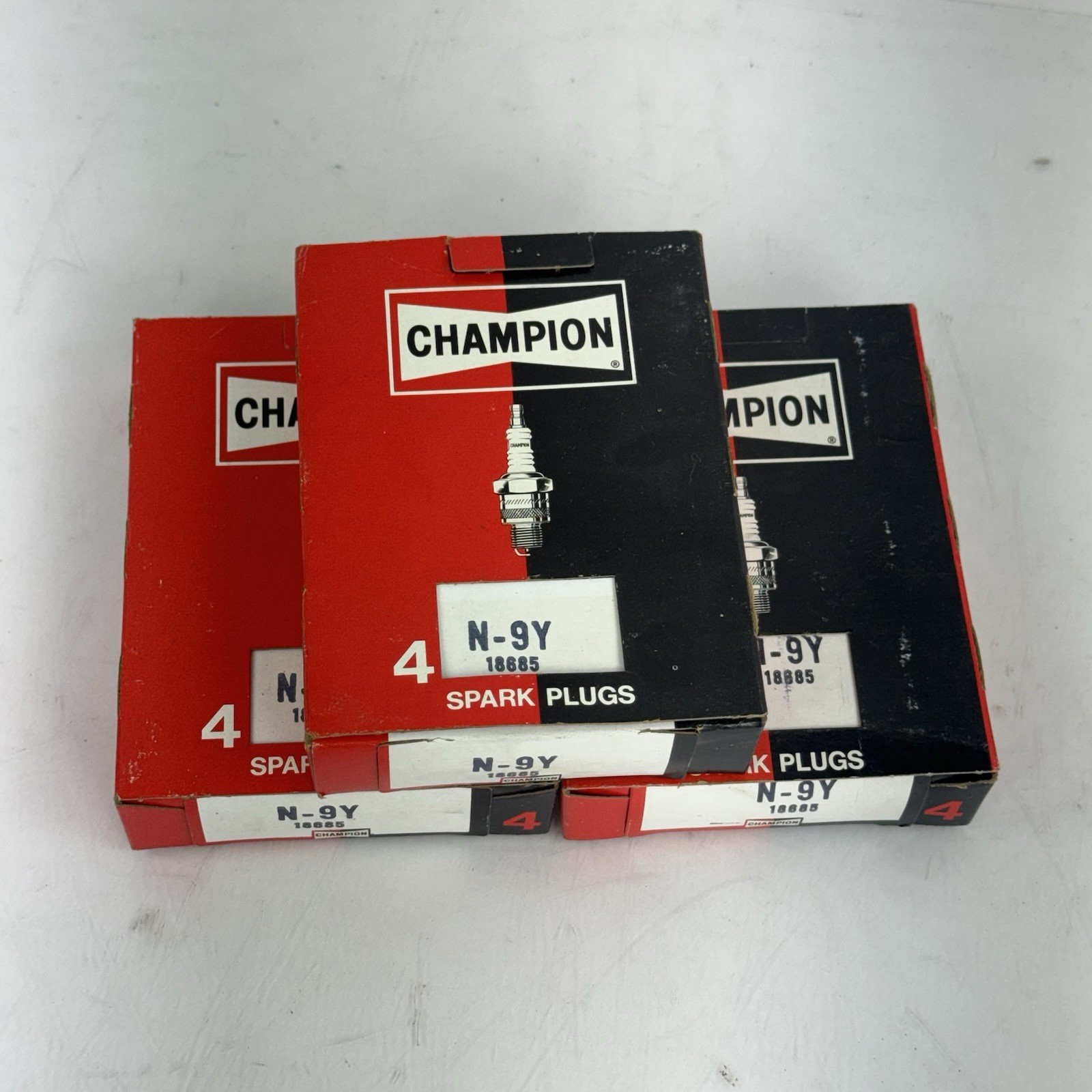 Package of 4 Champion N-9Y Spark Plugs, New Old Stock, Made in USA - 3 Packs