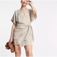 & Other Stories Beige Linen Midi Italian Summer Coastal Style Wrap Dress 6
