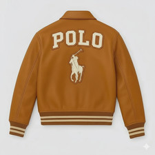 Polo Varsity Leather Jacket RL Brown Jacket with Embroidered Logo