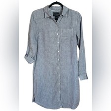 Tahari 100% Linen Striped Button-Up Shirt Dress Tunic Long Sleeves Pockets XS
