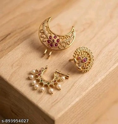 Stones Sun and Moon Hair Clip with Pearl Nose Pin Pressing with Screw for Brides