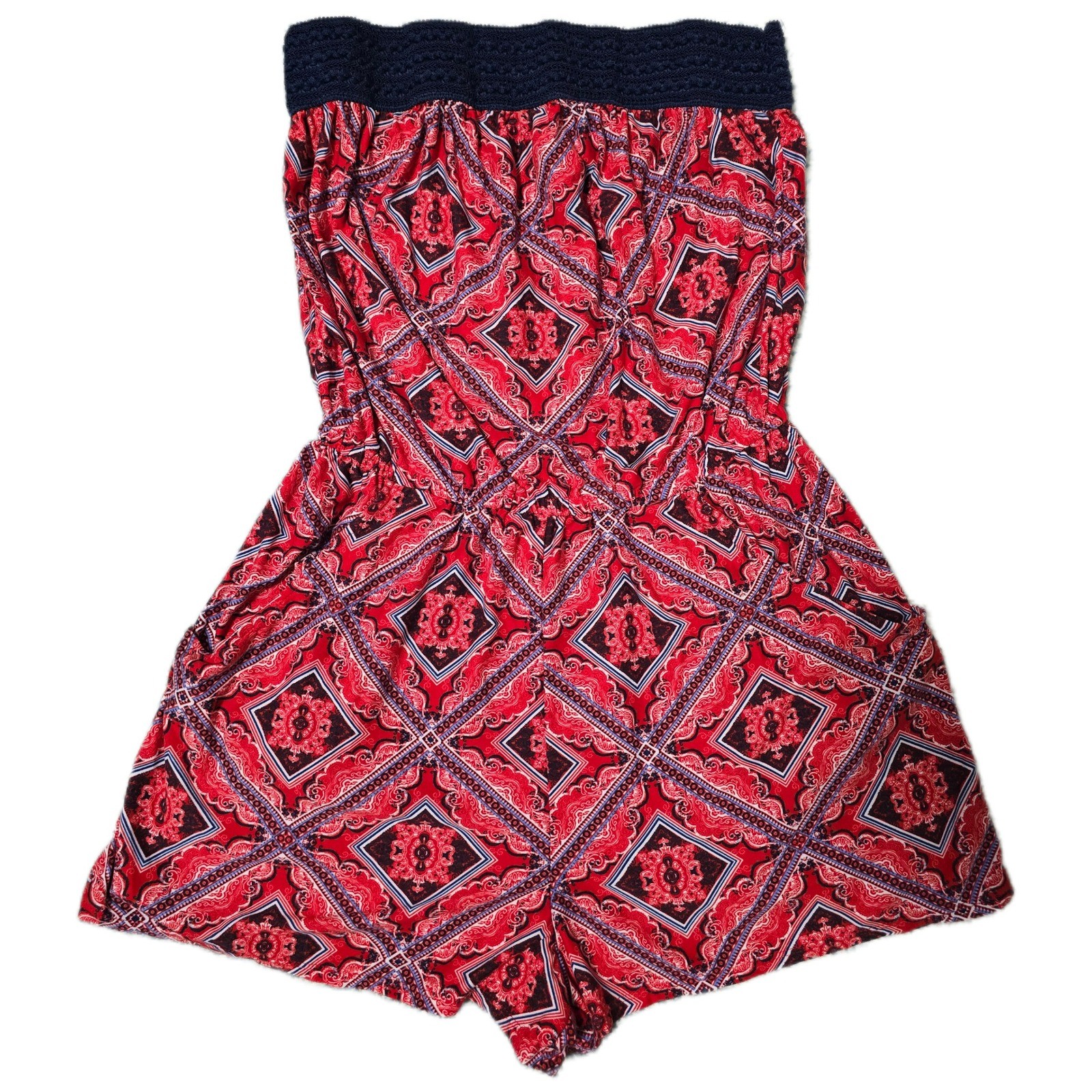 Red Patterned Strapless Romper Jumpsuit Elastic W… - image 1