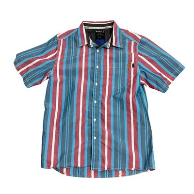 KAVU Sasquatch Bigfoot Embroidered Stripe Button Up Shirt Mens Medium Blue Red