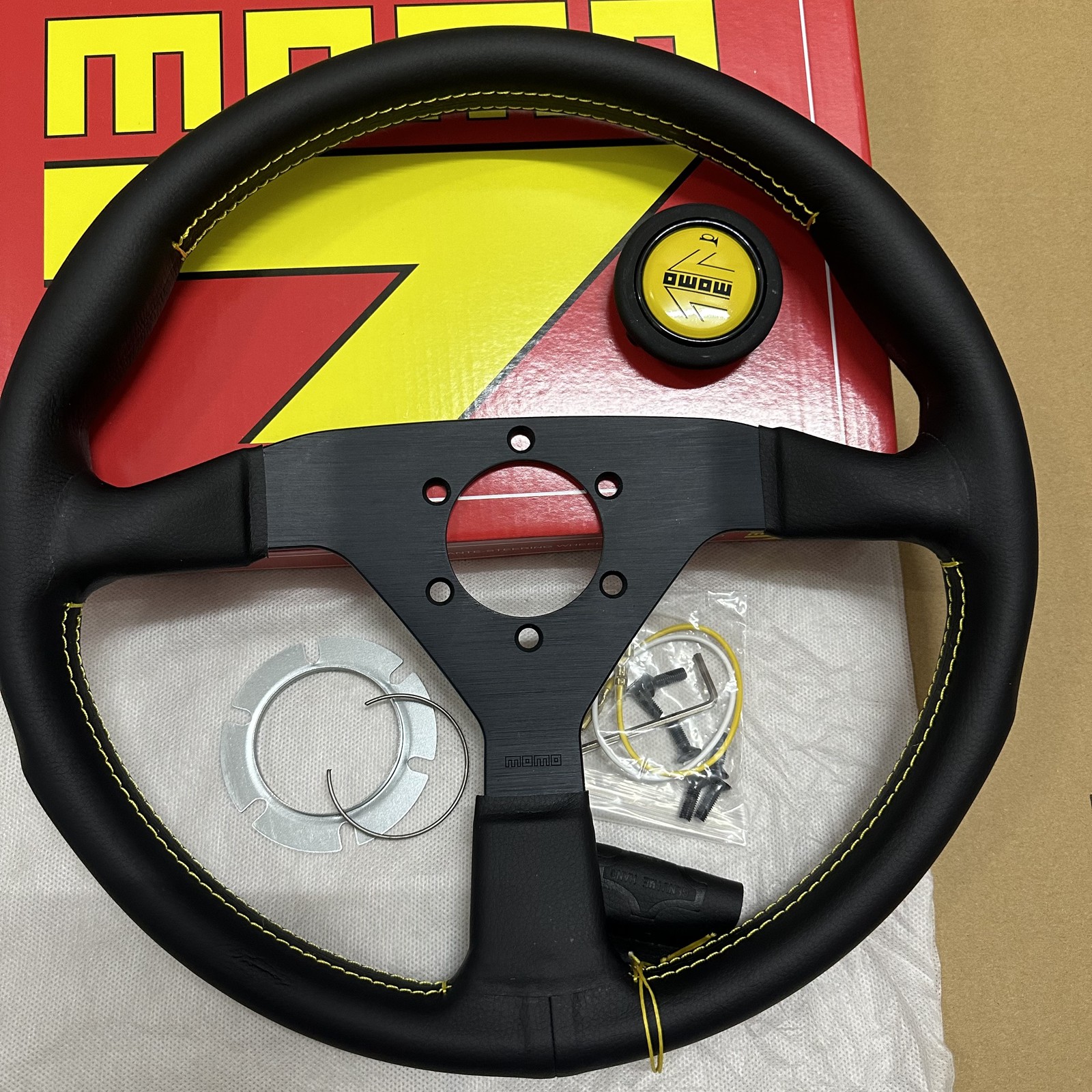 MOMO MonteCarlo Racing 14inch 350mm Leather Sport Steering Wheel Yellow Button