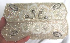 Vintage Clutch w/ Iridescent Sequin Silver / White Beads, MIJ "La Regale" 1950s