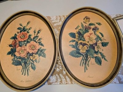 Vintage Benoit Chirat Oval Floral Botanical Lithograph Framed Prints
