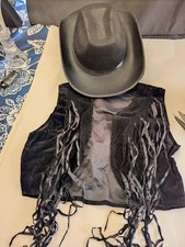 Cowgirl Costume Medium Black Fringe Vest And Cowboy Hat New