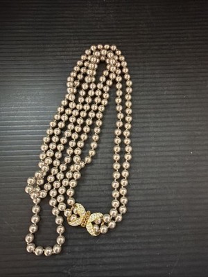 Vtg Nolan Miller Double Strand Knotted Faux Pearl Rhinestone Bow Clasp Necklace