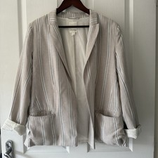 H&M Blazer Linen Blend Beige Stripe Pockets Size 14 Relaxed