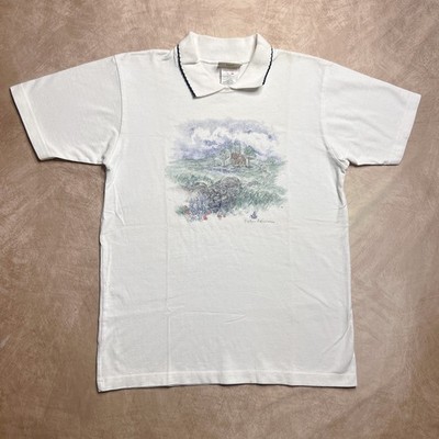 Vintage 90s Northern Reflections Nature Cabin Watercolor Polo Shirt White Farm