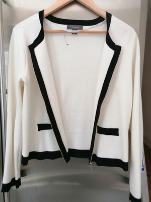 Primark Damen Strickjacke creme mit schwarzen Besatzdetails & Reißverschluss vorne. UK Größe L