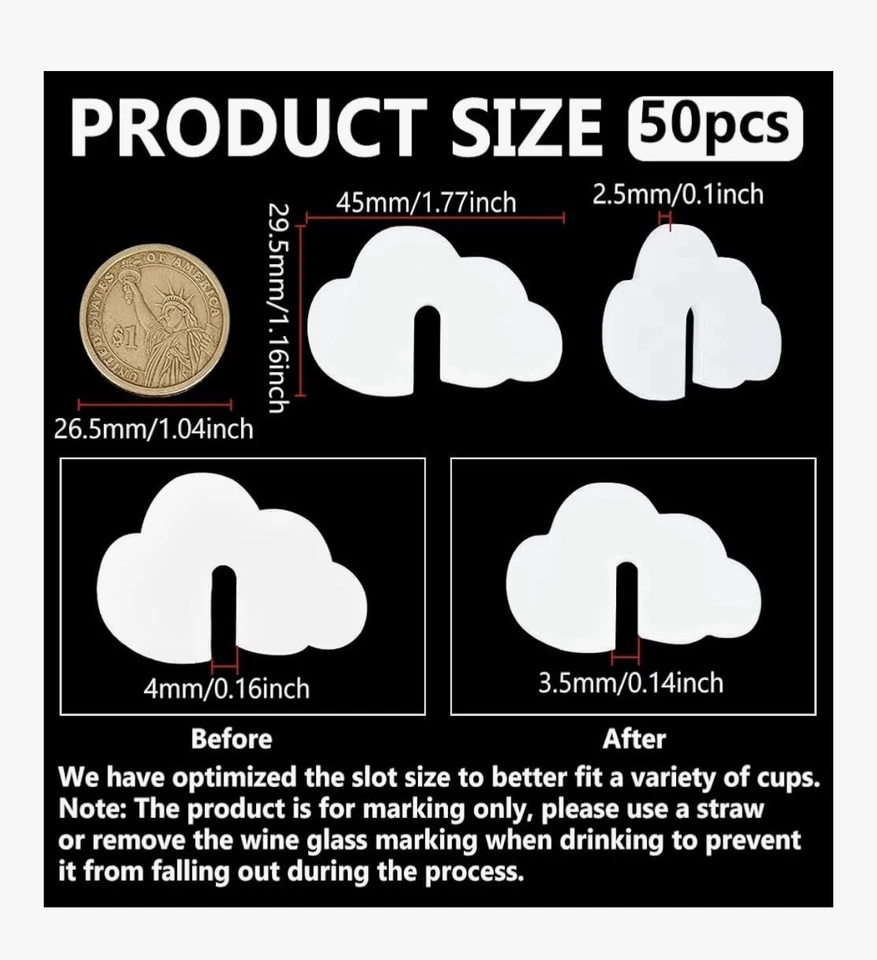 50 Piezas Etiquetas Acrílicas para Bebidas Forma de Nube Fiesta Bebida Etiqueta 1.8x1.2 pulgadas Blanco Acrílico... Foto 2 de 4