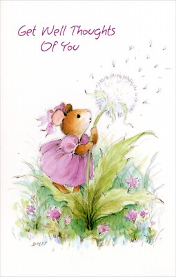 Cute GET WELL THOUGHTS Card, Mouse Girl Dandelion by Artist Davey + Envelope