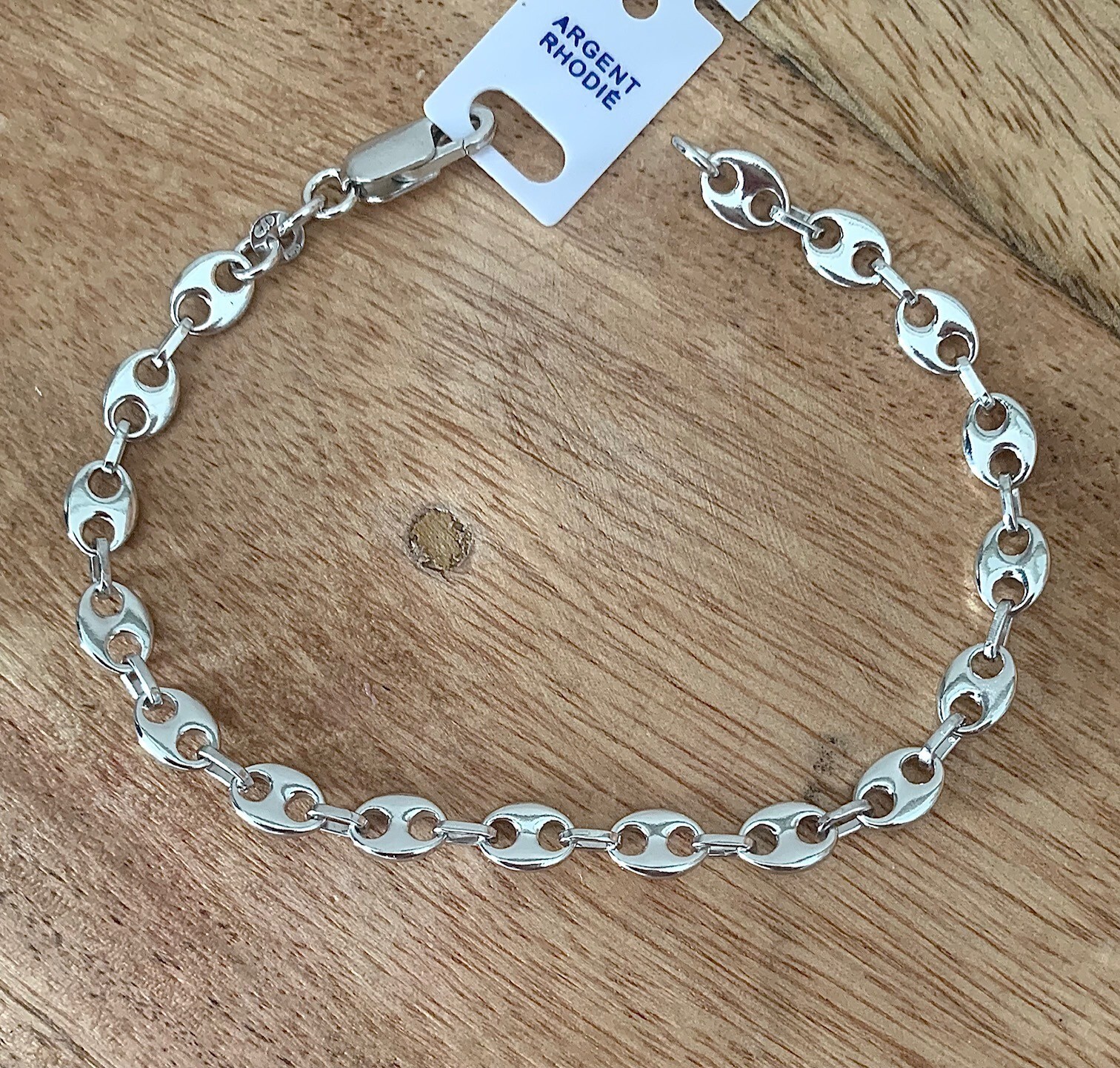 Bracelet grain de café en argent massif 925 rhodié, un bijou intemporel de 21cm pour homme et femme