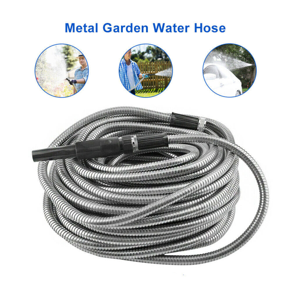 75 100FT Stainless Steel Metal Garden Water Hose Flexible Heavy Duty