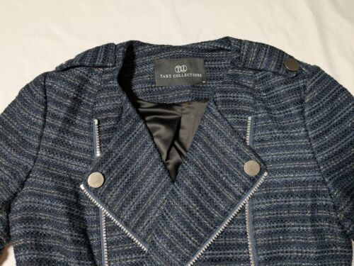 TART COLLECTIONS Women XS Blue Silver Combo Tweed Double Zip Blazer Moto Jacket - Picture 8 of 18