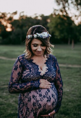 knee length dresses for ladies Blue Sleeveless Lace Maternity Photo Dress