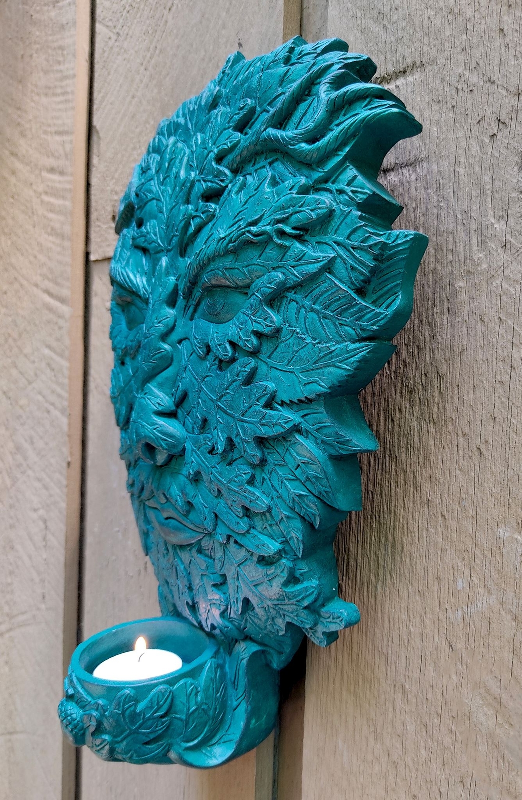 Green Man Wall Plaque Candle Holder Offering Bowl Handmade Unique