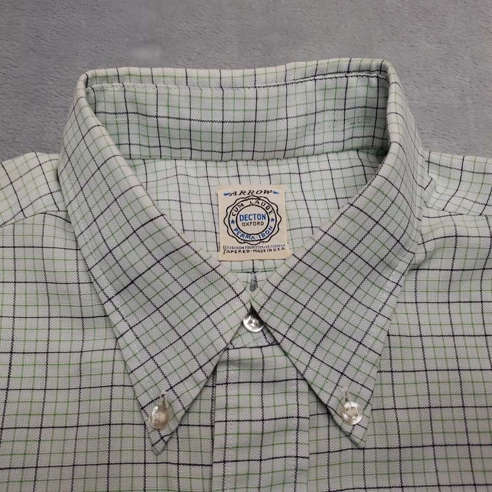 VTG Arrow Shirt Mens Large Green Check Decton Oxford Tapered Made in USA 60s 70s - Image 4 of 4