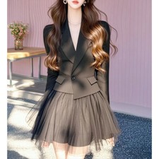 Temperament Black Blazer Mesh Skirt Dress Suit Women Office One Button Coats OL