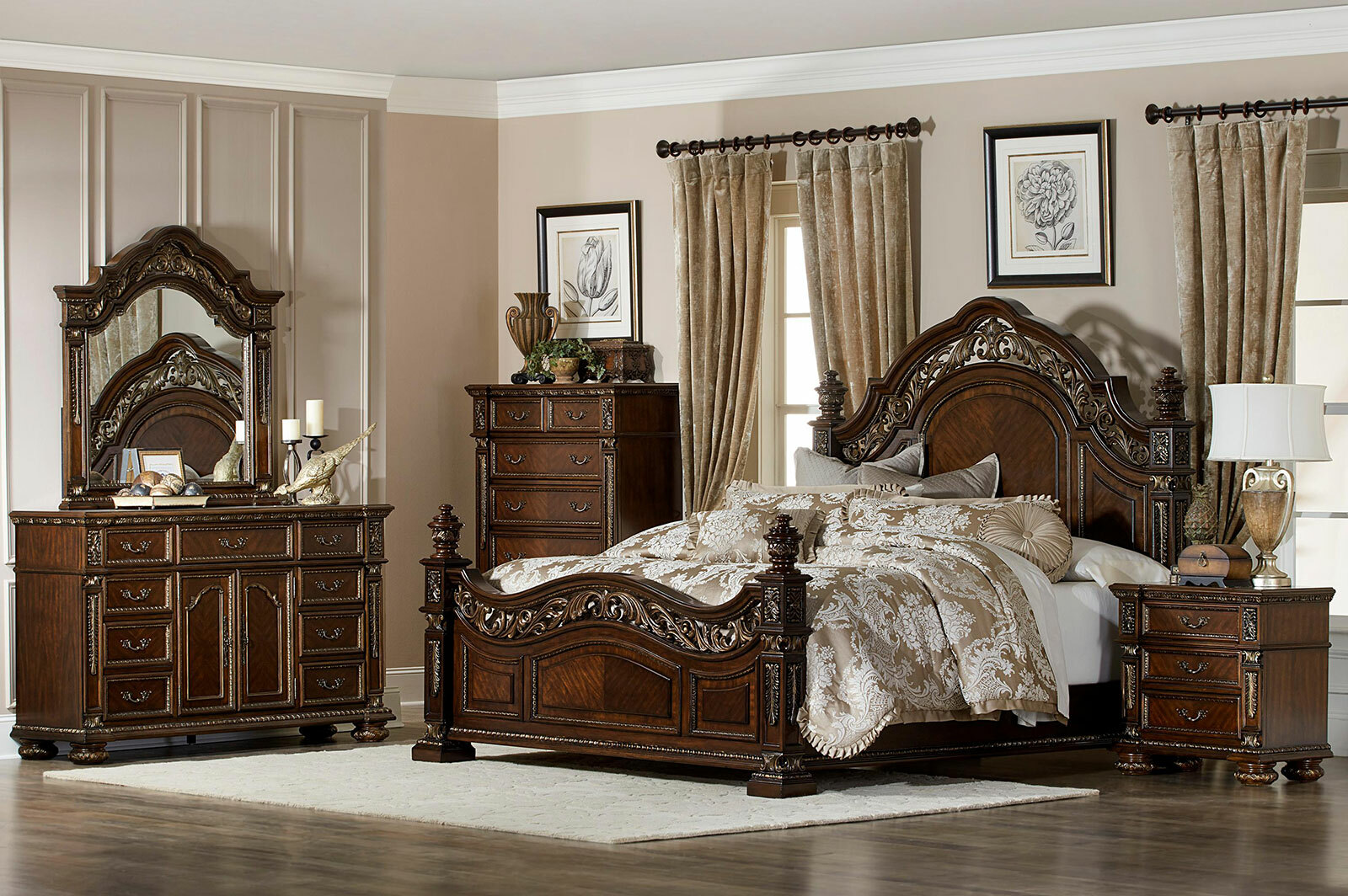 Old World Dark Cherry Brown Bedroom Furniture 5pcs Queen Mansion Bed Set Ia6l For Sale Online