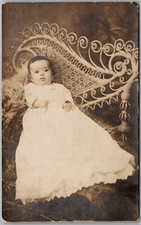 Cute Baby Boy On Ornate Wicker Chair, Fur RPPC Real Photo Postcard D566