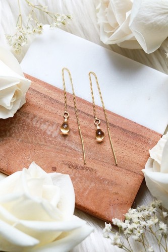 Natural Yellow Citrine Teardrop Shape Gemstone Beads Handmade Threader Earrings - Picture 7 of 8