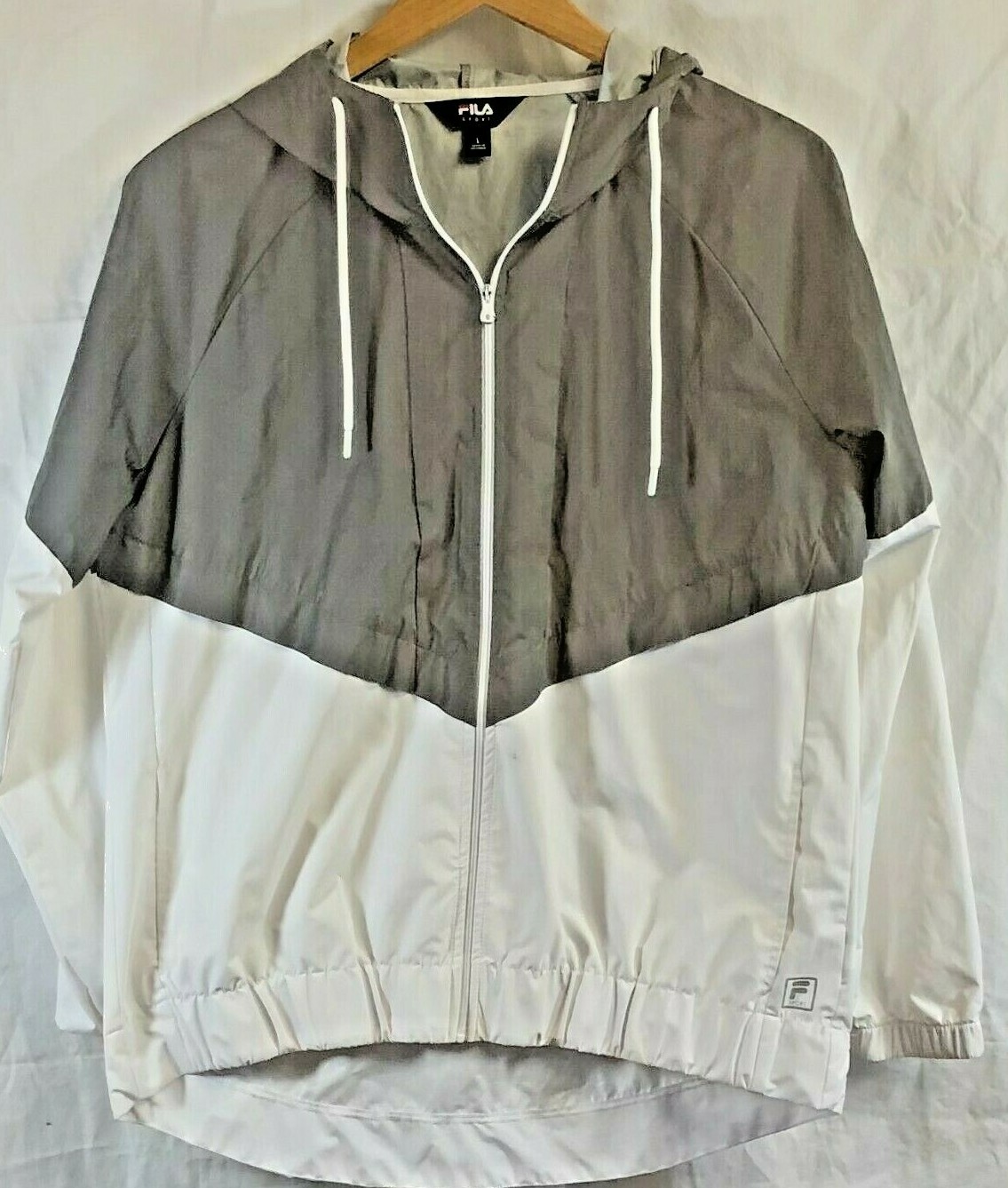 Giacca a vento donna grande Fila Sport riflettente con cappuccio grigio bianco poli