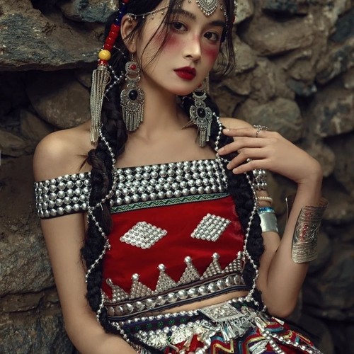 Chinese Miao Costume Hanfu Handmade Dress Skirt Red One Size Three Piece Set - Picture 4 of 6