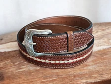 Western Ranger Adult Leather Belt Brick Hand Paint Center Rawhide Lace Size 44