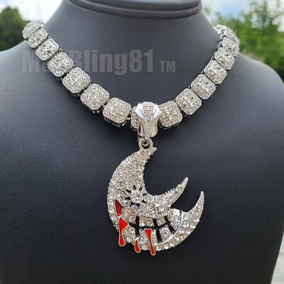 Iced Soul Eater Moon Pendant 16'' 18'' 20'' Simulated Baguette Stone Chain Necklace