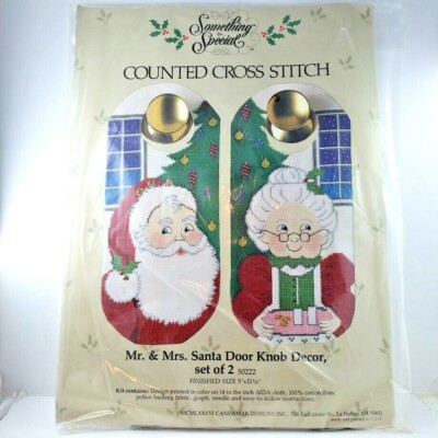 Vintage Something Special Counted Cross Stitch Mr & Mrs Santa Door Knob Decor