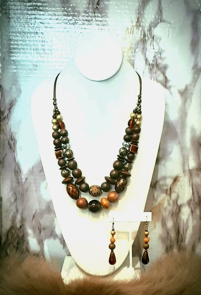 COOKIE LEE 🍪12"L Collar 2"3/4L Pendientes Madera Vidrio Antiq Tono Dorado Metal Ju1 Foto 2 de 4