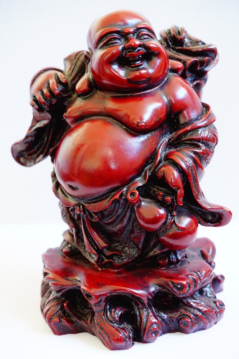 Vintage Chinese Red Resin Happy Traveling Buddha, Feng Shui Good