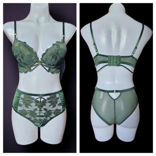Bras N Things Set High Waisted Knickers Push Up Bra Bottle Green 12A+10