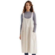 Cotton Linen Apron Cross Back Apron for Women with Pockets Pinafore Dress for...