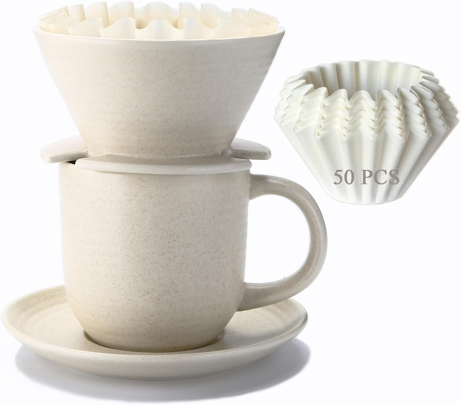 Kit Caffè Pour Over Moderno | Caffettiera Ceramica + 50 Filtri + Mug