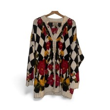 VINATAGE 80s 90s GRAIL Black And White Diamond Pink Floral C rdigan Size XL