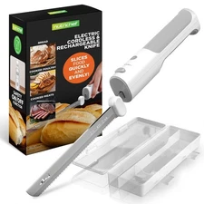 NutriChef Electric Bread Knife-Lightweight w/Contoured Grip Handle -White & Grey