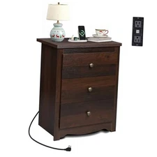  Tall Nightstand with Charging Station, Wood Nightstand with 3 Espresso