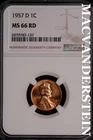 1957-D Lincoln Wheat Cent- NGC-MS66 RD Gem Brilliant Uncirculated Luster #SLM362