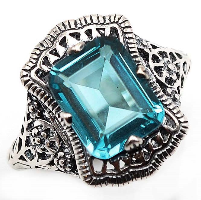 3CT Heat Treated Blue Topaz 925 Sterling Silver Vintage Style Ring Sz 6 F9-1