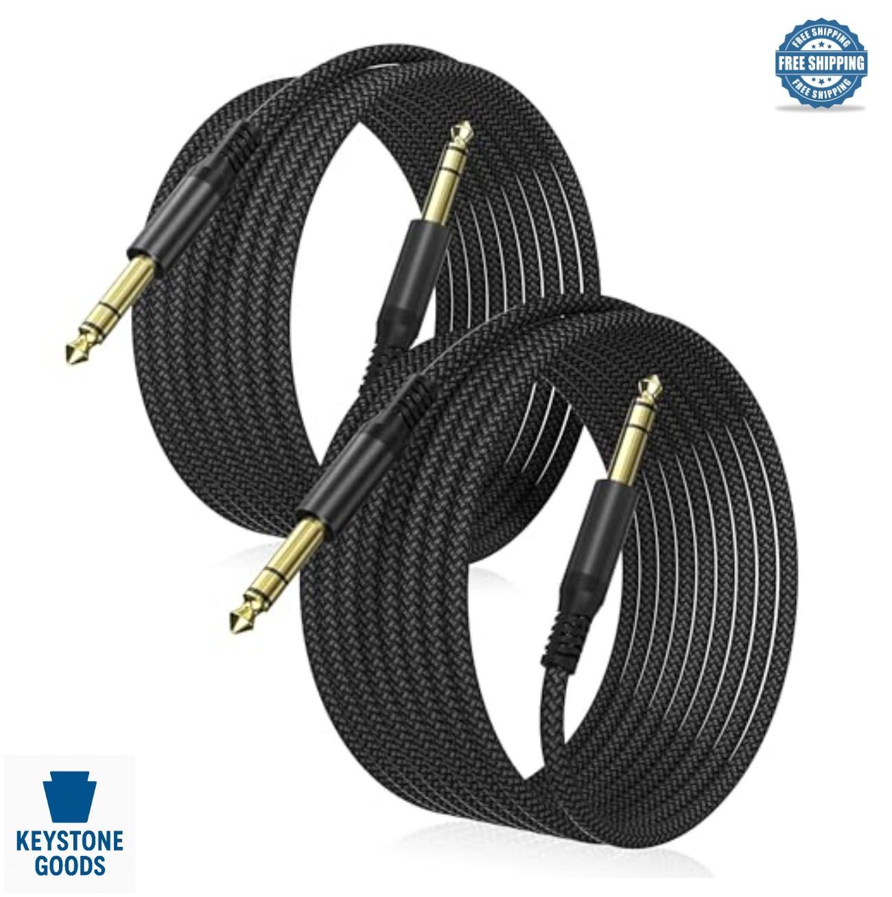 Instrument Cable 30 FT 1/4 Inch TRS 6.35mm Male to Male 2 Pack Nylon Braided
