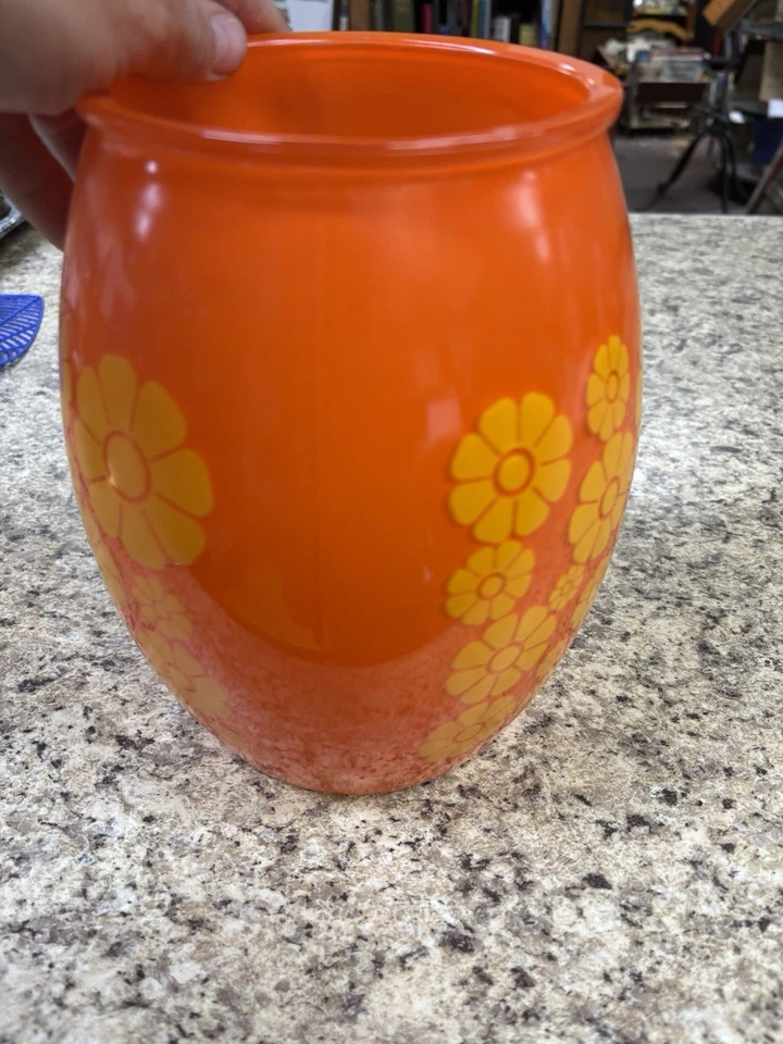 Vintage Midcentury Bartlett Collins Glass Cookie Jar Orange with Yellow Daisies - Image 3 of 4