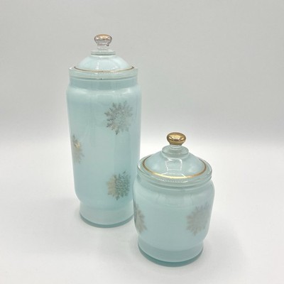 Vintage Blue & Gold Glass Lidded Apothecary Jars Set MCM Bath ~Gold Shows Wear~